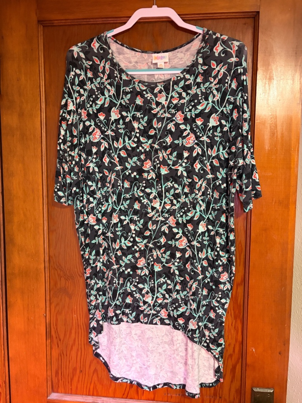 LuLaRoe XS Irma Teal Navy Floral Tunic with Mint and Coral Accents